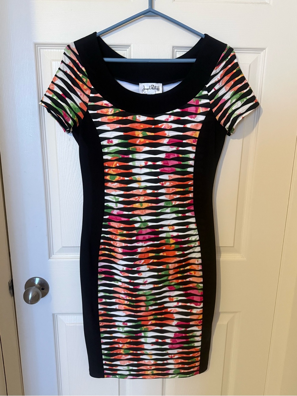 Joseph Ribkoff Canada Black Panel Floral Stripe Sheath Dress-Pink, Orange, Green